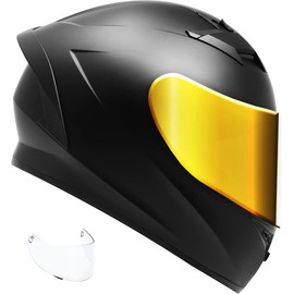 GDM Venom Motorcycle Helmet Full Face (Matte Black - Gold & Clear Shields, X-Large)