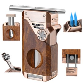 FLABOX 5-in-1 Torch Lighter with V Cutter Holder Punch and Draw Enhancer Tool,Four Windproof Jet Flame Multi-Functional Lighter,Refillable Butane Lighter with Gift Box for Men Mahogany,Without Butane
