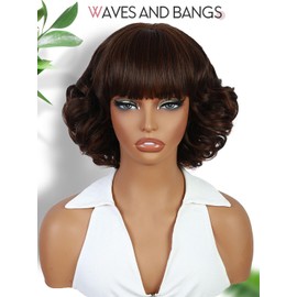 Fancy Hair Short Wavy Bob Wig With Bangs Big Curly Synthetic Wave Bob Wig for Black Women Girls Daily Cosplay Mixed Brown