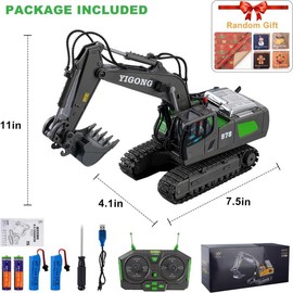 YIGONG Remote Control Excavator Toy for 6-12 yr Boys, Best Birthday Gifts for Kids 4-7 8 9 10 11 Year Old, RC Construction Toys with Metal Shovel, Lights, Sounds 2.4Ghz rc construction - Color: Black