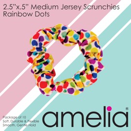 Amelia Beauty, Medium Rainbow Dot Jersey Scrunchies, 2.5in Diameter, Gentle on Hair, Strong Hold, No Snag, No Dents or Creases. 10 Pack