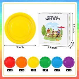 Kochorie 60 Pieces Rainbow Disposable Paper Plates 9 Inch Heavy Duty Dinner Plates, Solid Color, Table Decorations Party Supplies for Birthdays, Weddings, Daily Use