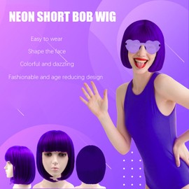 VIEKIER Short Party Wigs and Sunglasses Costume Set,Colorful Cosplay Neon Bob Wig for Bachelorette Night Club Decoration Purple