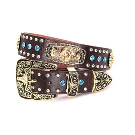 West Star Concho Genuine Leather Belt Mens Women Western Cowboy Leather Belt-Horse Coffee Blue M