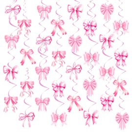 Pink Bows Birthday Party Decoration, 64pcs Bows Hanging Swirls Decoration Pink Bow Banner Coquette Garland Banner for Girls Baby Shower Wedding Valentine's Day Bachelorette Party Decorations