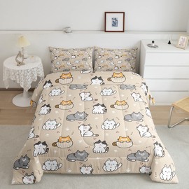 Kawaii Cat Bedding Twin Cartoon Cute Comforter Set for Boys Girls, Kids Kitten Bedding Comforter Sets Geometric Triangles Down Comforter, Lovely Cat Beard Duvet Insert for Boys Girls, Brown 2pcs