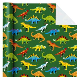 WRAPAHOLIC Dinosaur Wrapping Paper Roll - Mini Roll - 17 Inch x 9.8 Feet - Green Dinosaur Design, Perfect for Girl Kids Boy Birthday, Baby Shower, Dinosaur Party, Dinosaur Lovers