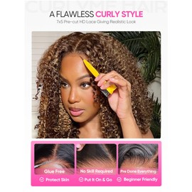 Curlyme Highlights Ombre Pre-bleached Wear Go Glueless Kinky Curly Pre-cut Lace Wig Pre-plucked 7x5 Glueless Wigs Human Hair Beginner Friendly Natural Hairline 180% Lace Front Wigs Human Hair 18 Inch