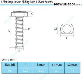 MewuDecor M8 x 35mm T-Slot Drop-in Stud Sliding Bolts T Shape Screws, 304 Stainless Steel 18-8, Full Thread, 5 PCS