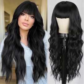 26Inch Long Wavy Middle Part with No Bangs Black Wig Women's Natural Synthetic Hair Heat Resistant Wig Daily Party Role Play (Wavy Wig 1b, 26Inch)