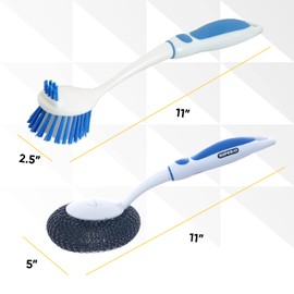 Dish Washing Vegetable Brush Scrubber with Stainless Steel Grill Brush, Scourer Sponge Brush Set with Long Handle and Rubber Grip, Non-Scratch, Kitchen Cleaning Set (2 Pack, Blue)