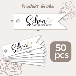 ALEGRE® Pack of 50 Beautiful Dass Du Da Bist Pendant Wedding Gift Tags with 10 m Jute Rope, Schön Dass Du Da Bist Guest Gift Labels Tags for DIY Wedding Decoration, Birthday, JGA, Christening Gift