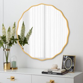 Gold Round Wavy Mirror for Wall Decorative 24 inch Large Wood Round Mirror Circle Wall Mirror for Bathroom Bedroom Living Room Home Entryway Decor