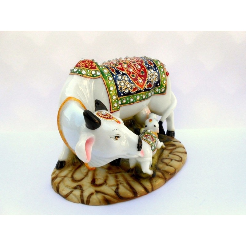 Ramashram Dust Polyresin Decorative Marble Kamdhenu Cow and Calf Big