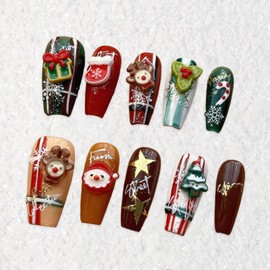 Perfk Christmas False Nails Cute Full Cover Reusable Winter Xmas Glue on Nails Festival Holiday Nails Creative Long for Women Girls, S