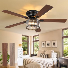 56 Inch Farmhouse Chandelier Ceiling Fan with Remote Control, Black Indoor Crystal Ceiling Fan with 6-Speeds, Quiet Reversible DC Motor, Flush Mount Ceiling Fans with Lights for Bedroom, Living Room