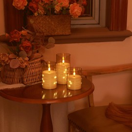 SNUGBLAKI Battery Operated Candles with String Light, 3D Wick Acrylic LED Candles Flickering Flameless Candles with Remote, Realistic Gold Electric Candles for Party Wedding Home Decor Christmas