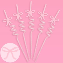 xo, Fetti Bow Reusable Glitter Straw Set - 12 pc | Pretty Bachelorette Decorations, Bow Theme Birthday Party, Bridal Engagement Drinkware, Coquette Cute Supplies, Baby Shower Tableware, Tea Decor
