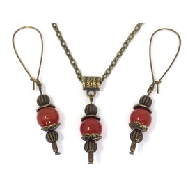 Vintage style necklace and earrings jewelry set for women in red carnelian