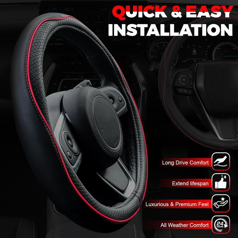 Ouzorp Cubierta duradera de piel para volante de coche, rojo