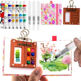 Mini Watercolour Travel Set, Pocket Watercolour Set, Watercolour Paint Box 12 Colours & Mini Wooden Painting Palette & Sketchbook & 3 Pieces Water Brush Pens for Painters, Artists, Students, Hobby