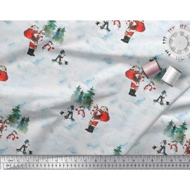 Soimoi Cotton Poplin Fabric Snowman,Santa & Tree Christmas Printed Craft Fabric by the metre 56 Inch Wide