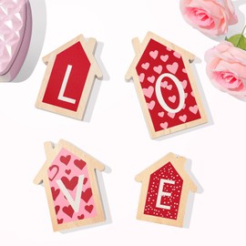 LXDNBGO Valentines Day Decorations - 4 Pcs Wood House Shape Sign, Red and Pink Wooden Tiered Tray Decor, Classic Valentines Day Decor Home Office Shelf Mantel Table