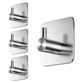 Menz Menz Klebehaken 4er-SET - Wasserfeste Haken ohne Bohren Edelstahl, Haken selbstklebend mit guter Tragkraft, selbstklebende Haken extra stark, funktionale Wandhaken, Handtuchhaken Badezimmer, Silber