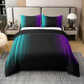 Feelyou Abstract Ombre Bedding 100% Cotton Duvet Cover Set King(No Comforter) Teal and Purple Bedding Set for Kids Boys Girls Decor Stripes Comforter Cover Set Geometric Bedroom Modern Striped Art