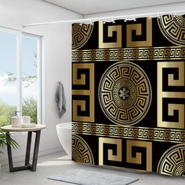 Muuyi 4PCS Black Gold Geometric Print Fabric Shower Curtain Set, Modern Waterproof Soft Fabric Shower Curtain Bathroom Trim, Non-Slip Bath mat, Applicable to bathrooms, Hotels,12 pcs Hooks, 71x71 in