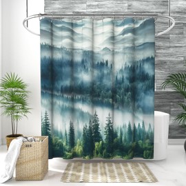 ChloropLastid Misty Forest Double Sided Shower Curtain Abstract Foggy Mountain Landscape Woodland Nature, Waterproof Fabric Bath Curtains for Bathroom Living Room Cubicle Decor 72x72 inch