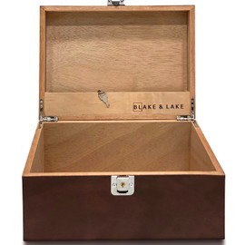 Blake & Lake Locking Wood Storage Box - Decorative box for Home or Office - Wooden Box with Hinged Lid Keepsake Box with Lock Oak Box for Home (Dark Oak)
