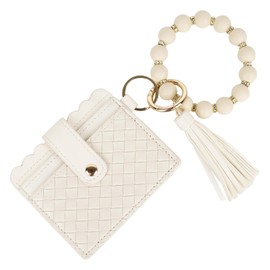 BUNCHBRAVO Beaded Wristlet Keychain with Wallet for Women – Small Beige RFID Blocking Card Holder Keyring Charm with Tassel