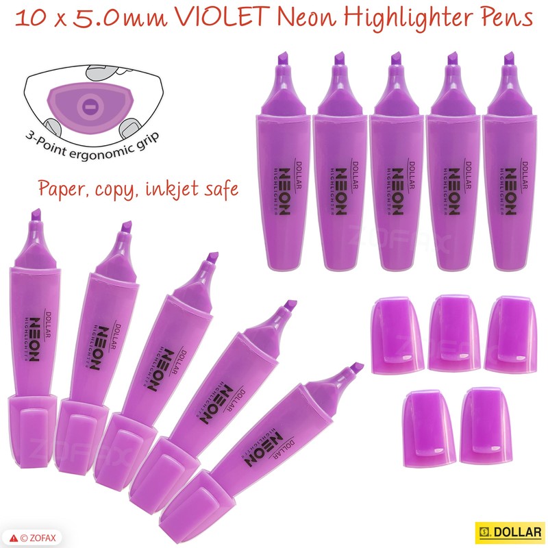 DOLLAR HL625 Neon Fluorescent Highlighter Pens, VIOLET, Pack of 10,