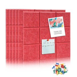 6 Packs Cork Board Felt Board Tiles, Bulletin Board 12"X12" with 30 Push Pins, Felt Board for Home Kitchen Office Decor, Self-Adhesive Corkboard Tiles for Walls School Message Display Board-Red