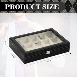 AceOrbit PU Leather Tie Display Case with 15 Compartments, Tie Organizer Storage Box for Men's Accessories, Black Luxury Collection Case for Father's Day Valentine's Gift