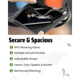 Money Belt for Travel with RFID Blocking Technology - Hidden Travel Money Pouch for Cash, Credit Cards, Passport, and Travel Valuables - Secure Water Resistant Money Belt for Men and Women - Black