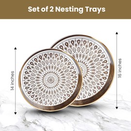 HOME ARCHIVE Round Serving Tray with with Handles Antique Look & Stylish Design Decorative Trays for Kitchen Round Ottoman Tray for Dinning Living Room & Home Decor Pack of 2 (White-Gold)