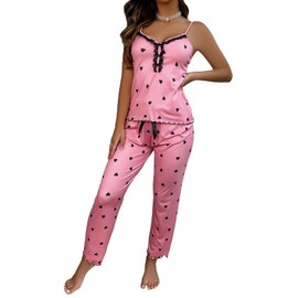 WDIRARA Women's Heart Print Sleepwear Lace Trim Bow Cami and Pants Pajama Set Pink Graphic Large