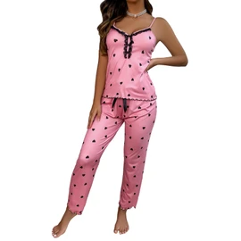 WDIRARA Women's Heart Print Sleepwear Lace Trim Bow Cami and Pants Pajama Set Pink Graphic Large