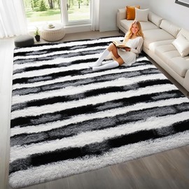 Woottpe 4x6 Feet Area Rugs for Living Room Bedroom,Black and White Machine Washable Soft Fluffy Shaggy Indoor Rug, Floor Carpet for Girls Boys Kids, Dorms, Nursery Rooms, Home Decor Aesthetic