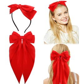 AHONEY 2 Pack Red Hair Bows for Women, Silky Satin Hair Bows Clips for Women Girls, Bow Headband Oversized Ribbons for Hair (Red)