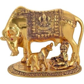 CRAFTVILLA Kamdhenu Cow with Calf & Krishna Gold Colour,Brass,Home Decorative Figure Showpiece | Gold,Standard,Spiritual showpiece | Nandi Cow and Krishna Decorative Showpiece
