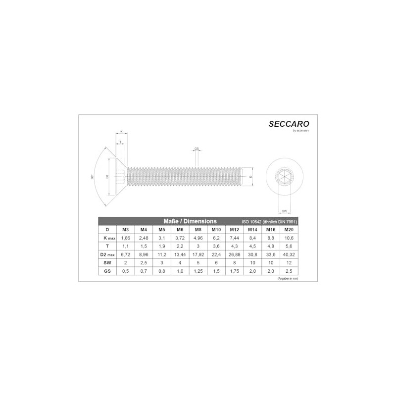 SECCARO Countersunk Screw M6 x 80mm Stainless Steel V2A VA