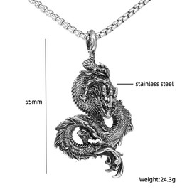 Chinese Dragon Necklace for Men, Hip Hop Dragon Necklace, Norse Viking Dragon Head Pendant Necklace with 23.6"Chain,Punk Rock Dragon Pendant, Vintage Animal Dragon Necklace Jewelry (Silver)