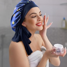 Flouzor Gorros De Satén para Dormir, Gorro de Seda Ajustable, Doble Capa Gorro para Dormir Suave de Satén, Gorros de Dormir De Seda con Banda Ancha para Mujeres y Niñas (Azul Marino)