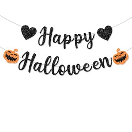 Pre-Strung Black Glitter Halloween Decorations Banner for Haunted House with Pumpkin Decorations Happy Halloween Mantle Home Party Decor Indoor Outdoor NO DIY