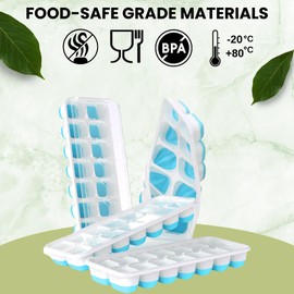 OMNIRA Ice Cube Tray 4 Pack with Lid – Easy Release BPA-Free Silicone Bottom Ice Molds for Freezer – Stackable Colorful Trays for Cocktails, Coffee, Baby Food (Green, Blue, Pink, Yellow)