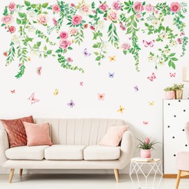SHUCHING Pegatinas de Pared Rosal Enredadera Colgante Grande, Vinilos Decorativos Enredadera Verde Flor Rosa, Adhesivos Pared Salon Dormitorio Cocina Baño