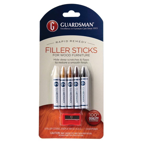 Guardsman Wood Repair Filler Sticks - 5 Colors Plus Sharpener, Repair and Restore Scratched Furniture